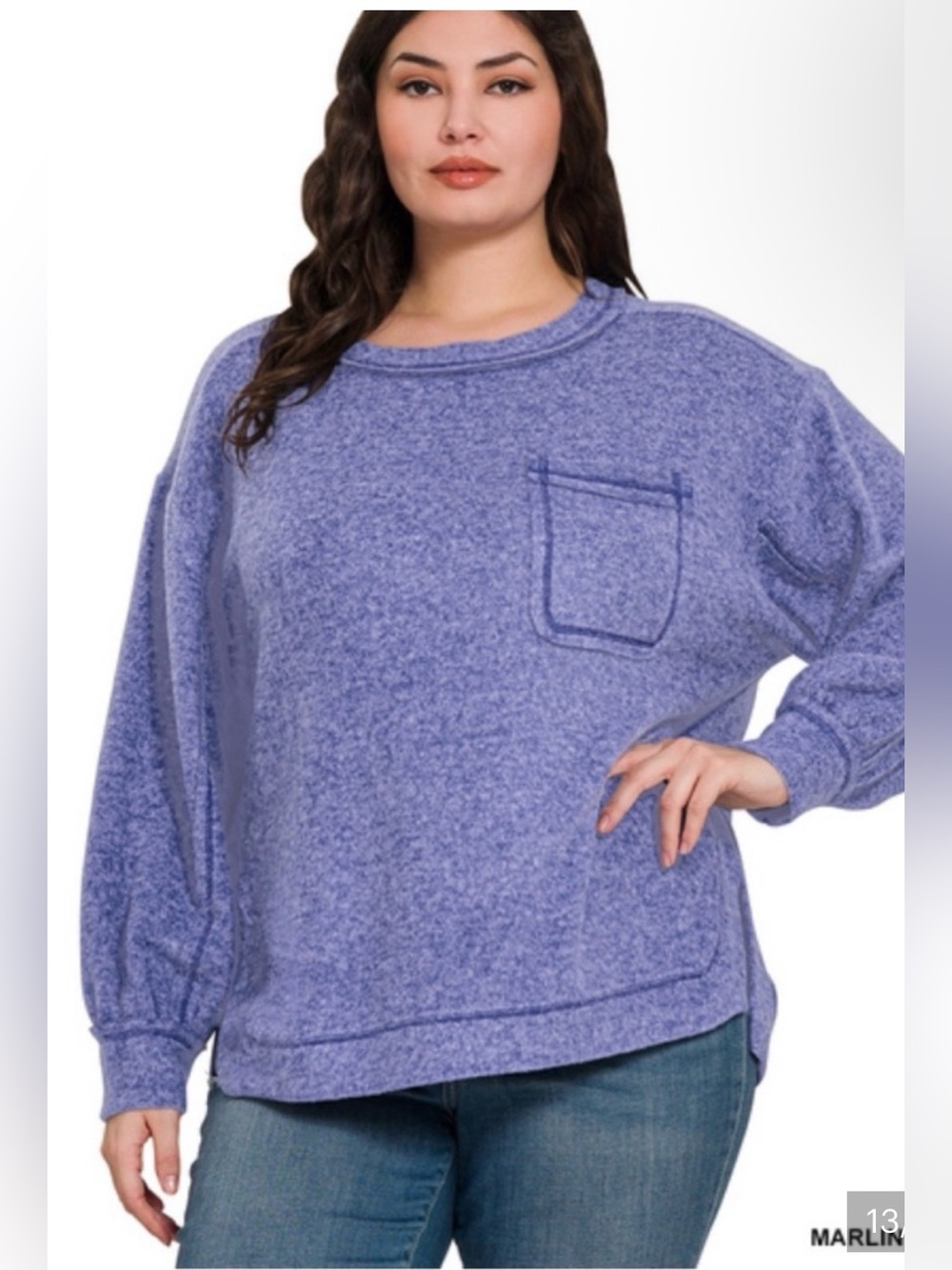 Zenana Washed Blue Crewneck Pocket Sweater - Women